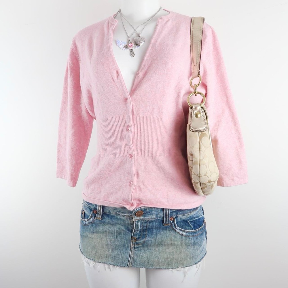y2k pink cropped cardigan fitted button up sweater 2000s